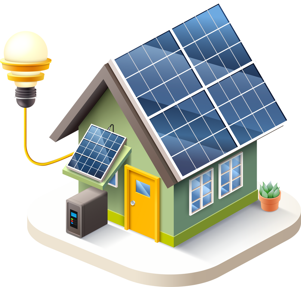 house with solar cell system isometric illustration